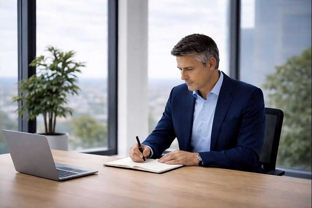 Unternehmer arbeitet konzentriert an einer verantwortungsvollen Entscheidung im Büro