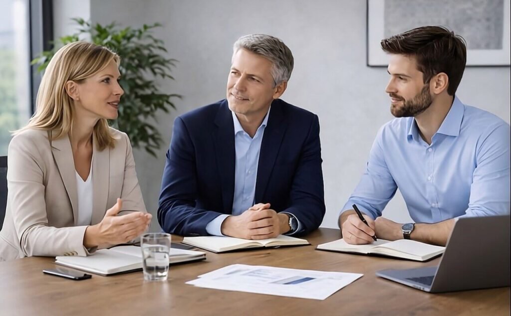 Unternehmer und Führungskräfte arbeiten gemeinsam strukturiert an einer Entscheidung