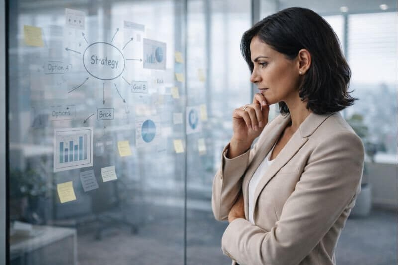 Führungskraft reflektiert eine komplexe Entscheidung unter Verantwortung