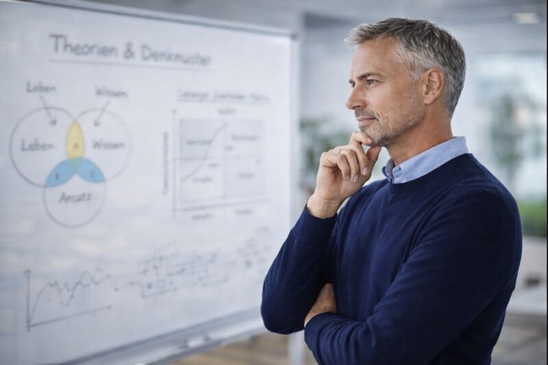 Unternehmer reflektiert Entscheidungszusammenhänge vor einem Whiteboard